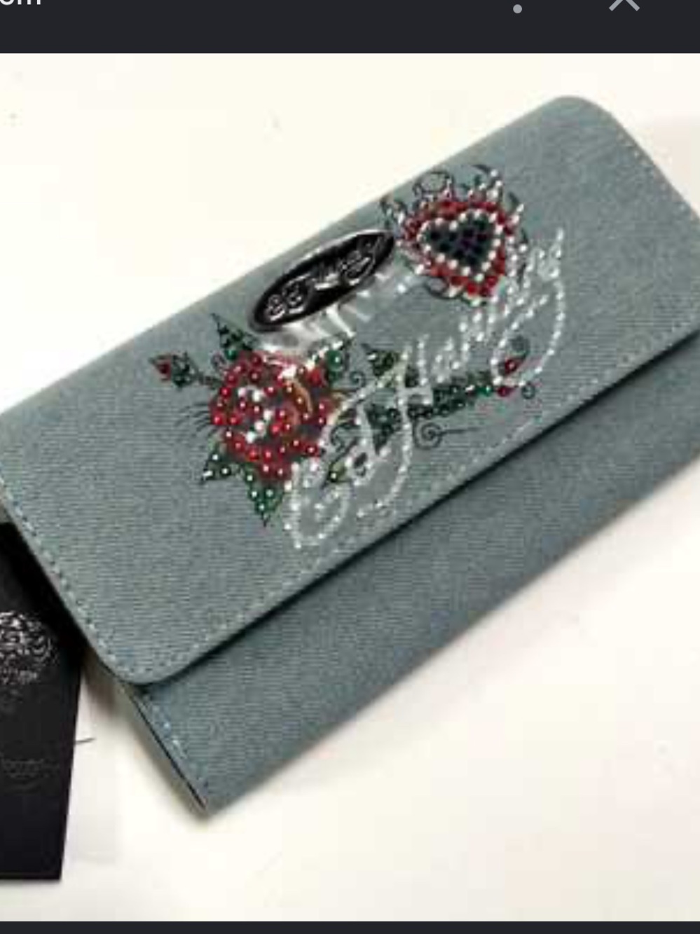 NWT Ed Hardy Denim Rose and flames heart rhinestone trifold wallet